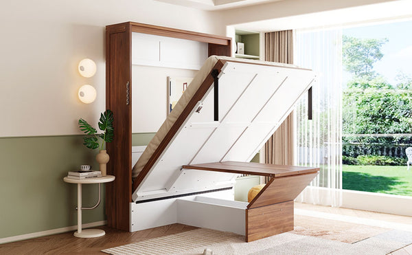 English Elm Full Size Wall Bed with Integrated Desk Walnut Finish for Small Apartments White LP000995AAK-1