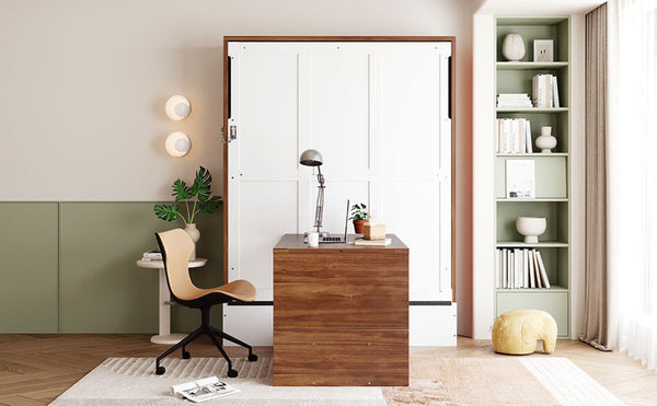 English Elm Full Size Wall Bed with Integrated Desk Walnut Finish for Small Apartments White LP000995AAK-1
