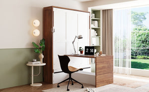 English Elm Full Size Wall Bed with Integrated Desk Walnut Finish for Small Apartments White LP000995AAK-1