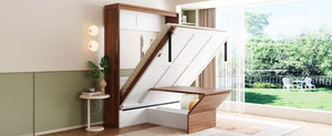 English Elm Full Size Wall Bed with Integrated Desk Walnut Finish for Small Apartments White LP000995AAK-1