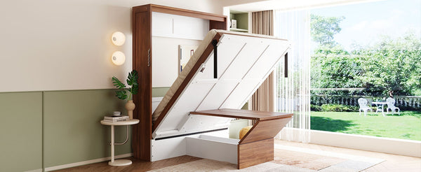 English Elm Full Size Wall Bed with Integrated Desk Walnut Finish for Small Apartments White LP000995AAK-1
