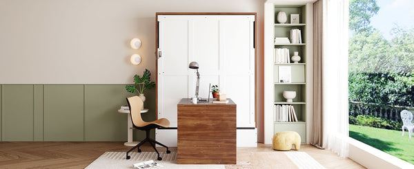 English Elm Full Size Wall Bed with Integrated Desk Walnut Finish for Small Apartments White LP000995AAK-1