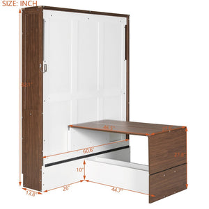 English Elm Full Size Wall Bed with Integrated Desk Walnut Finish for Small Apartments White LP000995AAK-1