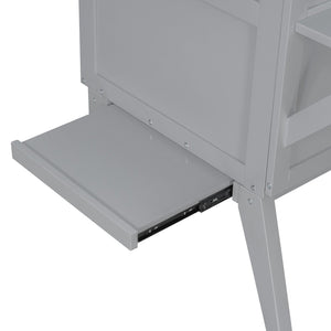 English Elm Twin Loft Bed with Slide Castle Tower Tent Pinewood Kids Playhouse Bedroom Gray LP001661AAE-1