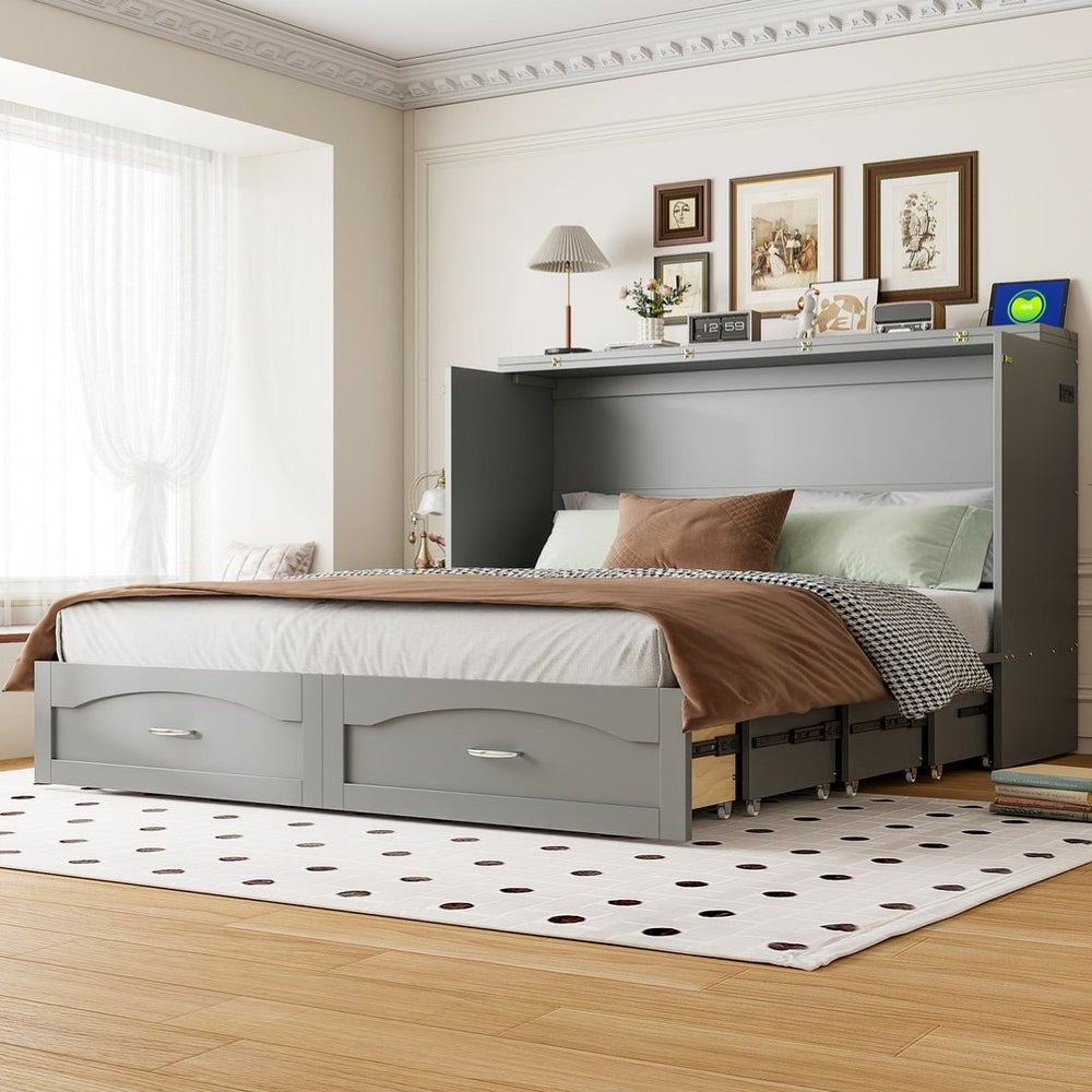 English Elm Queen Murphy Wall Bed with Storage Drawers Usb Ports and Pulley Lift Cabinet Gray LP100671AAE-2