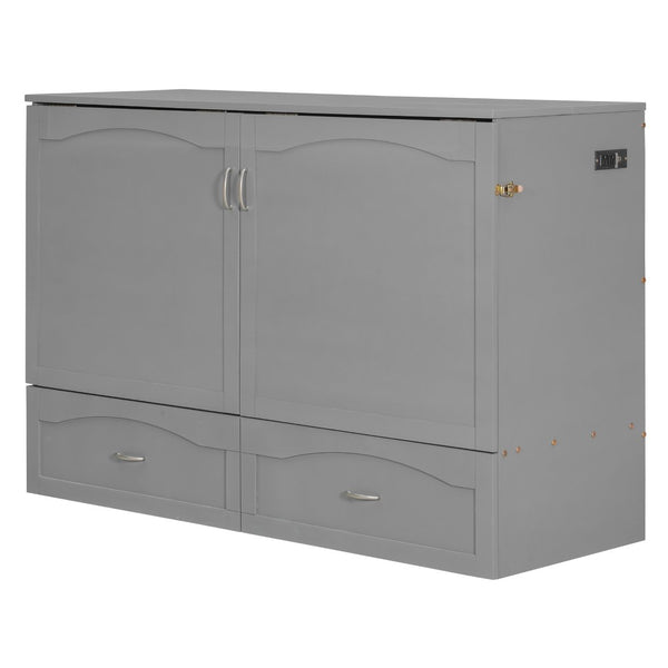 English Elm Queen Murphy Wall Bed with Storage Drawers Usb Ports and Pulley Lift Cabinet Gray LP100671AAE-2