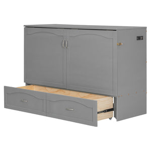 English Elm Queen Murphy Wall Bed with Storage Drawers Usb Ports and Pulley Lift Cabinet Gray LP100671AAE-2