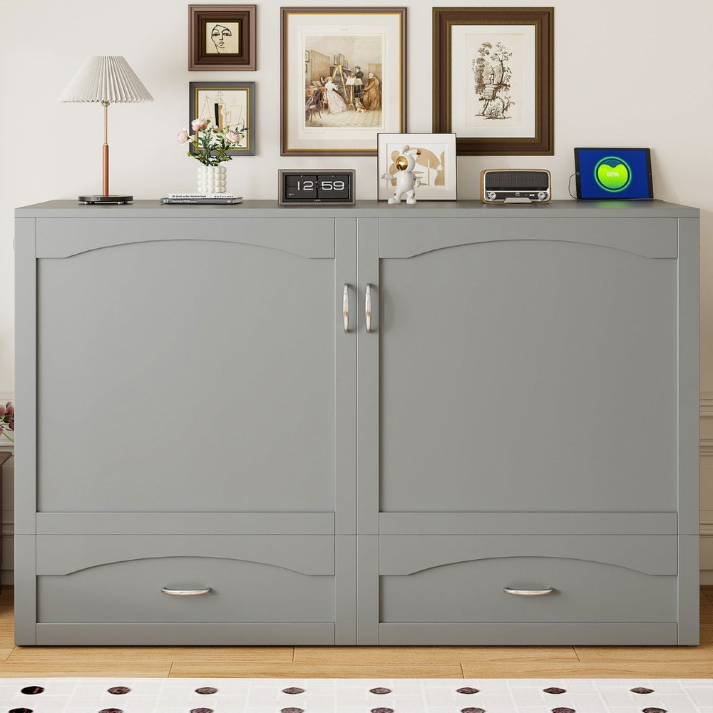 English Elm Queen Murphy Wall Bed with Storage Drawers Usb Ports and Pulley Lift Cabinet Gray LP100671AAE-2