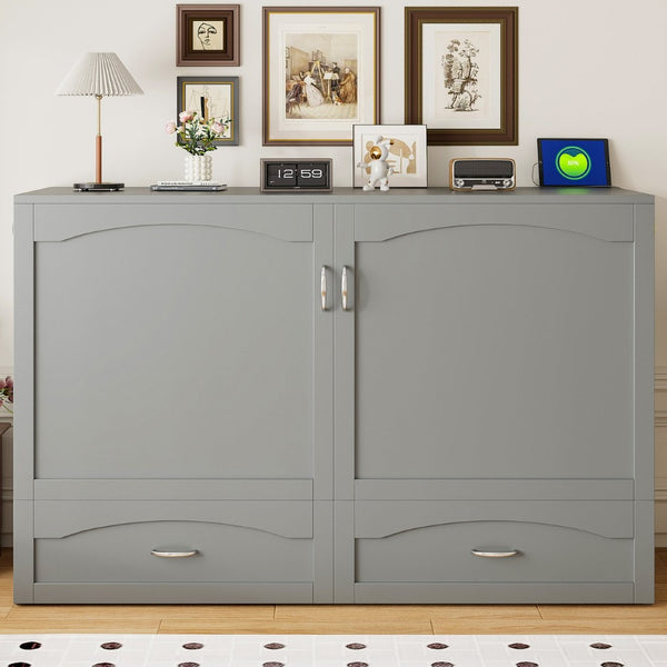 English Elm Queen Murphy Wall Bed with Storage Drawers Usb Ports and Pulley Lift Cabinet Gray LP100671AAE-2