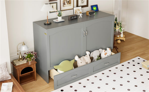 English Elm Queen Murphy Wall Bed with Storage Drawers Usb Ports and Pulley Lift Cabinet Gray LP100671AAE-2