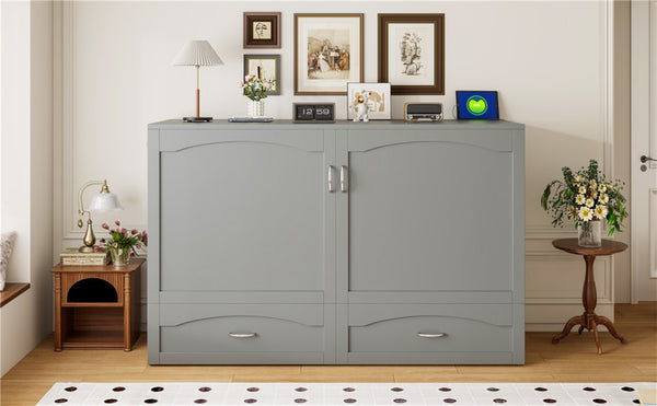 English Elm Queen Murphy Wall Bed with Storage Drawers Usb Ports and Pulley Lift Cabinet Gray LP100671AAE-2
