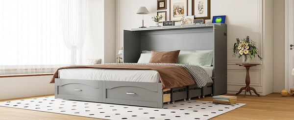 English Elm Queen Murphy Wall Bed with Storage Drawers Usb Ports and Pulley Lift Cabinet Gray LP100671AAE-2