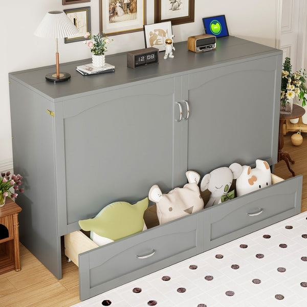 English Elm Queen Murphy Wall Bed with Storage Drawers Usb Ports and Pulley Lift Cabinet Gray LP100671AAE-2
