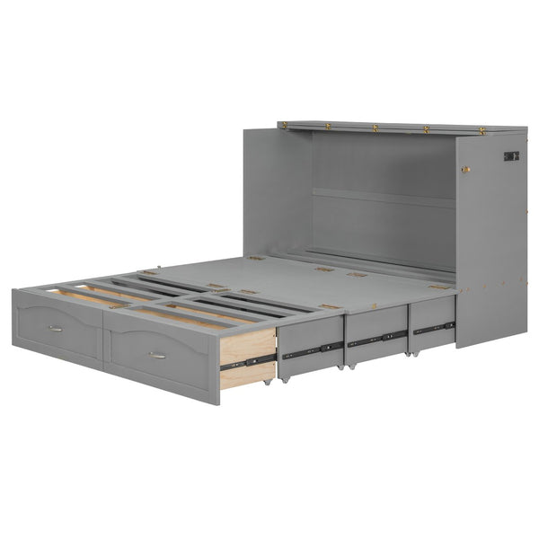 English Elm Queen Murphy Wall Bed with Storage Drawers Usb Ports and Pulley Lift Cabinet Gray LP100671AAE-2