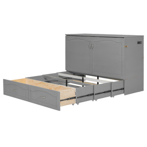 English Elm Queen Murphy Wall Bed with Storage Drawers Usb Ports and Pulley Lift Cabinet Gray LP100671AAE-2