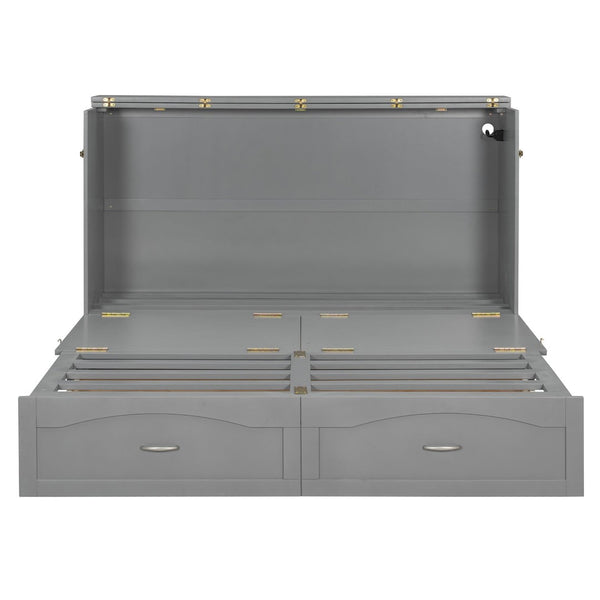 English Elm Queen Murphy Wall Bed with Storage Drawers Usb Ports and Pulley Lift Cabinet Gray LP100671AAE-2