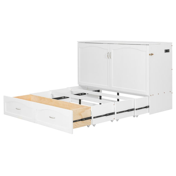 English Elm Queen Murphy Wall Bed with Storage Drawers Usb Ports and Pulley Lift Cabinet White LP100671AAK-2