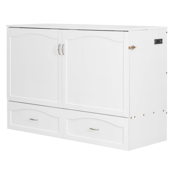 English Elm Queen Murphy Wall Bed with Storage Drawers Usb Ports and Pulley Lift Cabinet White LP100671AAK-2