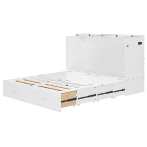 English Elm Queen Murphy Wall Bed with Storage Drawers Usb Ports and Pulley Lift Cabinet White LP100671AAK-2