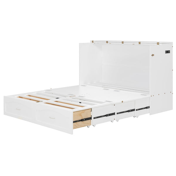English Elm Queen Murphy Wall Bed with Storage Drawers Usb Ports and Pulley Lift Cabinet White LP100671AAK-2