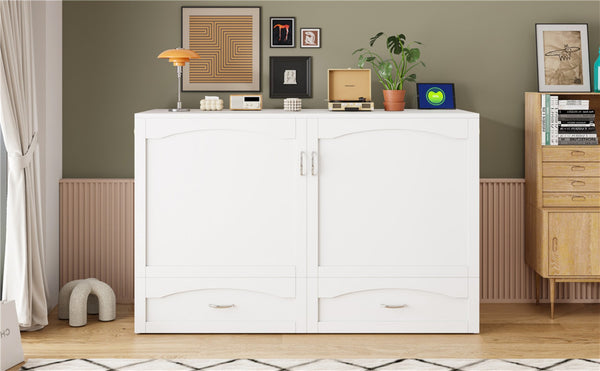 English Elm Queen Murphy Wall Bed with Storage Drawers Usb Ports and Pulley Lift Cabinet White LP100671AAK-2