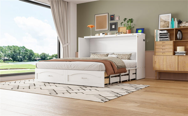 English Elm Queen Murphy Wall Bed with Storage Drawers Usb Ports and Pulley Lift Cabinet White LP100671AAK-2