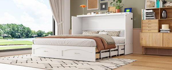 English Elm Queen Murphy Wall Bed with Storage Drawers Usb Ports and Pulley Lift Cabinet White LP100671AAK-2