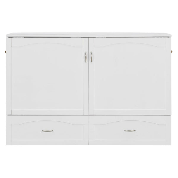 English Elm Queen Murphy Wall Bed with Storage Drawers Usb Ports and Pulley Lift Cabinet White LP100671AAK-2