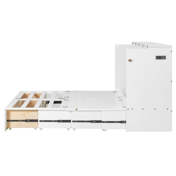 English Elm Queen Murphy Wall Bed with Storage Drawers Usb Ports and Pulley Lift Cabinet White LP100671AAK-2