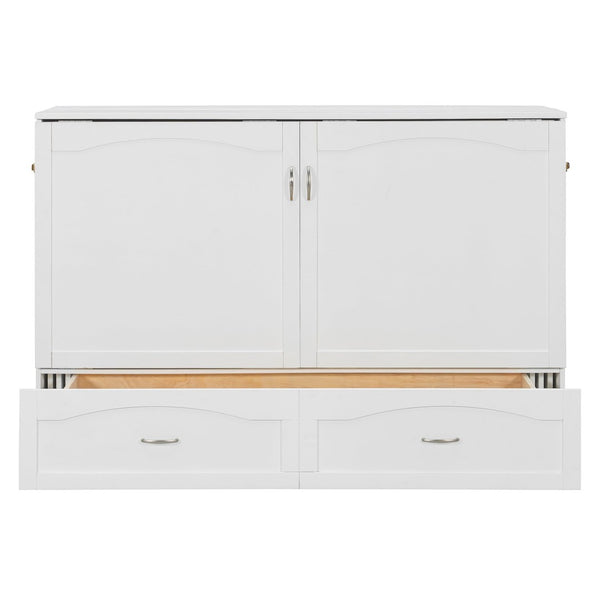 English Elm Queen Murphy Wall Bed with Storage Drawers Usb Ports and Pulley Lift Cabinet White LP100671AAK-2