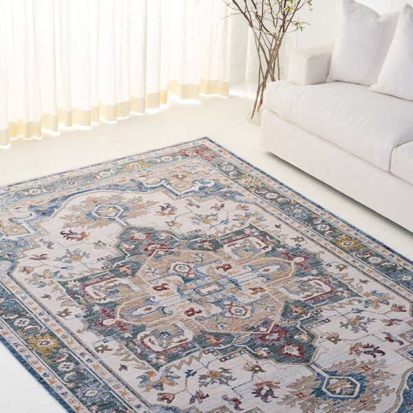 Safavieh Lauren Contemporary Ivory Area Rug With Blue-Green Accents, Low-Profile Power‑Loomed Turkish Rug 4'-0" x 6'-0" LRL1422A-4