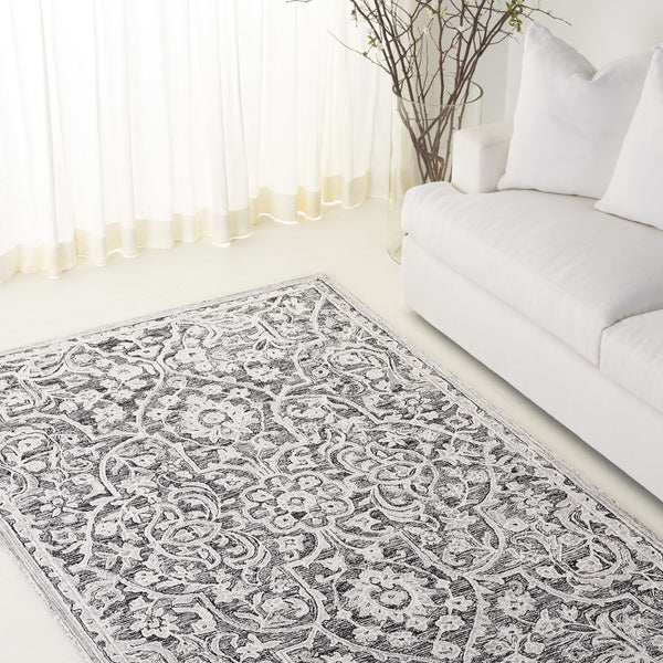 Safavieh Lrl Hand-Tufted Juniper Rug In Black And Ivory — Wool-Cotton Plush Low-Profile Floral Arabesque Design 4'-0" x 6'-0" LRL6636Z-4