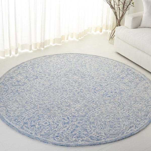 Safavieh Lrl Finnegan Hand Tufted Wool Medallion Accent Rug in Blue Ivory for Entryways 7'-0" x 7'-0" - Round LRL6937M-7R