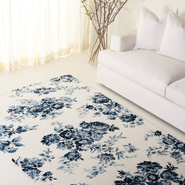 Safavieh Lrl Hand-Tufted Wool Cotton Floral Accent Rug in Ivory Navy for Farmhouse Living 5'-0" x 8'-0" LRL6946N-5