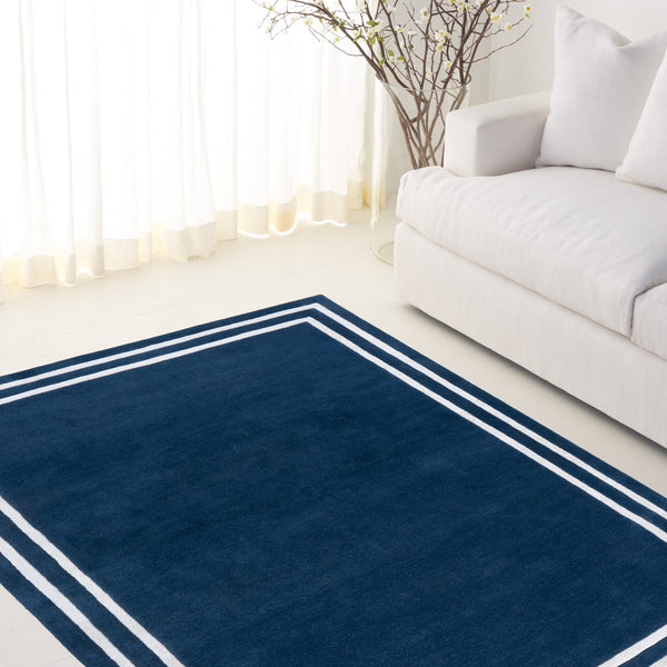 Safavieh Lauren Hand-Tufted Dark Blue Runner With Ivory Border, Luxurious Wool-Viscose Blend, Elegant Hallway Rug 2'-3" x 8'-0" LRL6953M-28