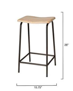 Bend Hand-forged Iron Counter Stool with Carved Bleached Mango Wood Seat for Bars