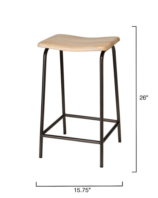 Bend Hand-forged Iron Counter Stool with Carved Bleached Mango Wood Seat for Bars