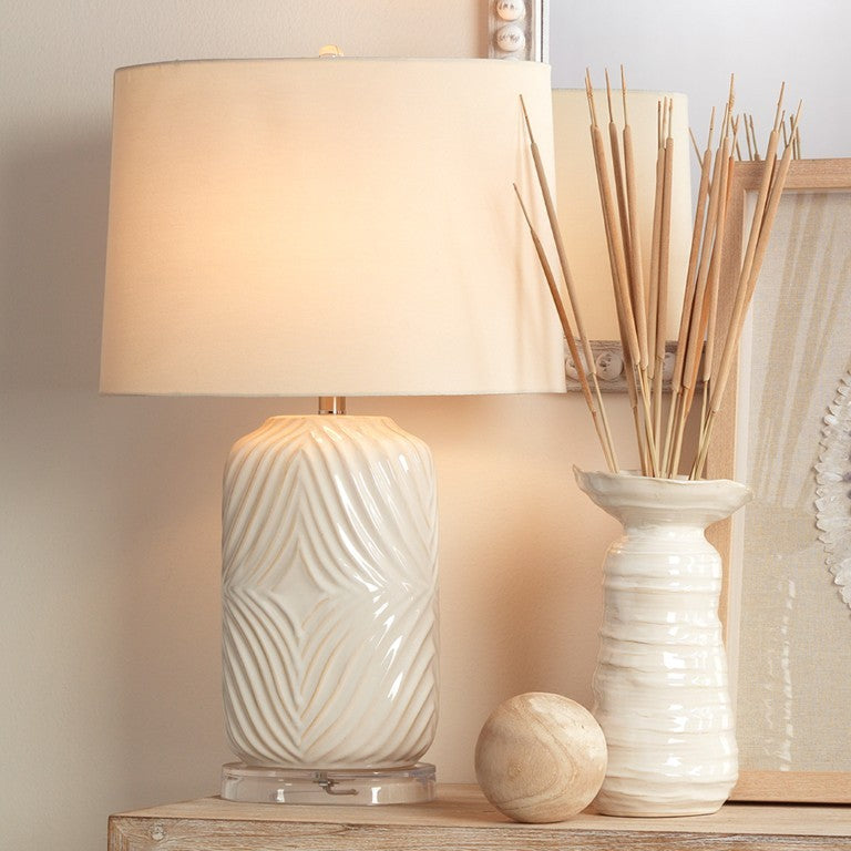 Jamie Young Co. Harper Hand-carved Ceramic Table Lamp with Linen Shade and Acrylic Finial Accent LSHARPERWH