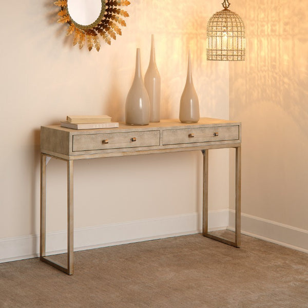 Kain Faux Shagreen Leather Console Table with Iron Base and Two Storage Drawers