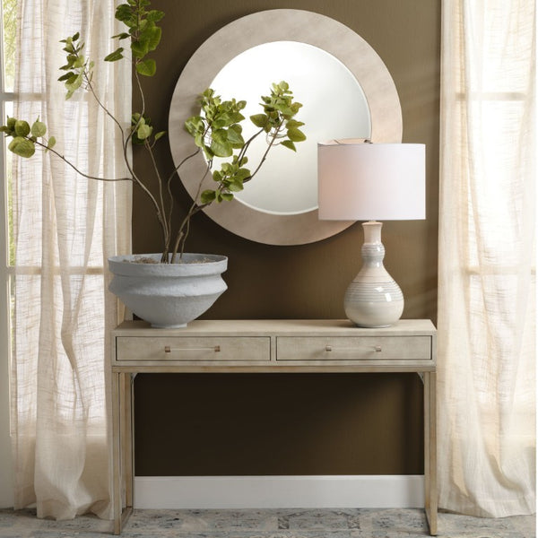 Kain Faux Shagreen Leather Console Table with Iron Base and Two Storage Drawers