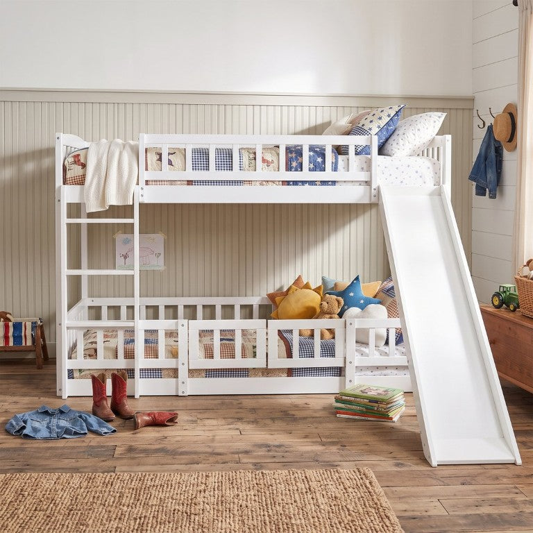 English Elm Bunk Bed Twin Over with Slide Ladder Fence Door Solid Pine Kids Playhouse LT000082AAK-1