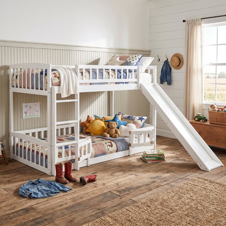 English Elm Bunk Bed Twin Over with Slide Ladder Fence Door Solid Pine Kids Playhouse LT000082AAK-1