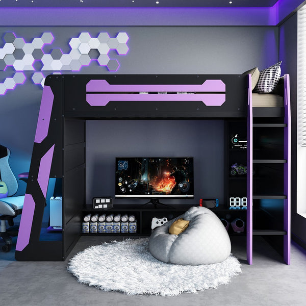 English Elm Twin Loft Bed with Gaming Desk Rgb Lighting Storage Shelves Wood Kids Bedroom LT000160AAI