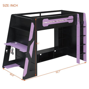English Elm Twin Loft Bed with Gaming Desk Rgb Lighting Storage Shelves Wood Kids Bedroom LT000160AAI