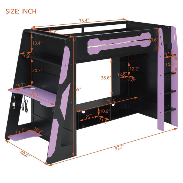 English Elm Twin Loft Bed with Gaming Desk Rgb Lighting Storage Shelves Wood Kids Bedroom LT000160AAI