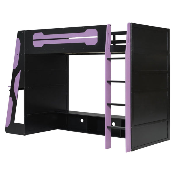 English Elm Twin Loft Bed with Gaming Desk Rgb Lighting Storage Shelves Wood Kids Bedroom LT000160AAI
