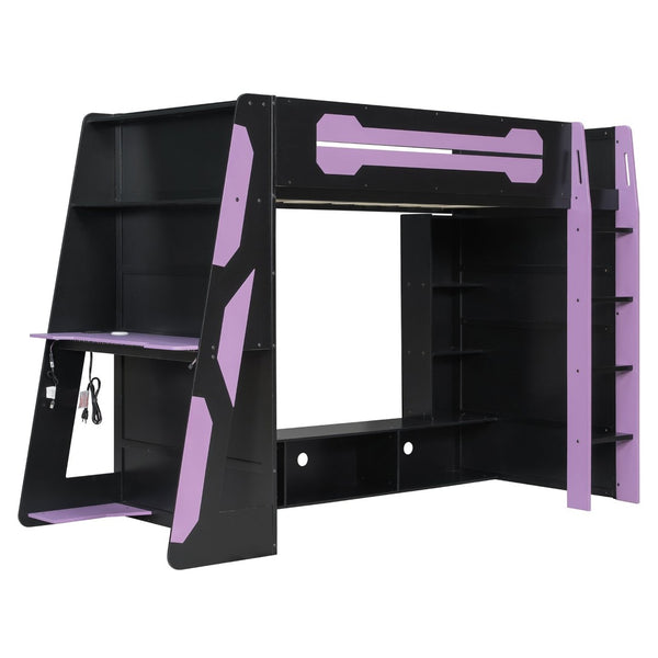 English Elm Twin Loft Bed with Gaming Desk Rgb Lighting Storage Shelves Wood Kids Bedroom LT000160AAI