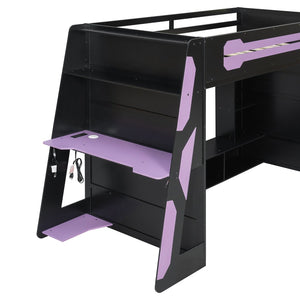 English Elm Twin Loft Bed with Gaming Desk Rgb Lighting Storage Shelves Wood Kids Bedroom LT000160AAI