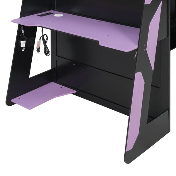 English Elm Twin Loft Bed with Gaming Desk Rgb Lighting Storage Shelves Wood Kids Bedroom LT000160AAI