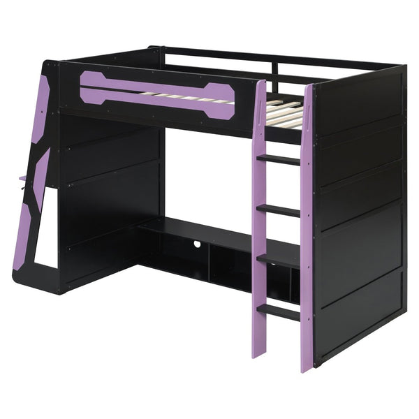 English Elm Twin Loft Bed with Gaming Desk Rgb Lighting Storage Shelves Wood Kids Bedroom LT000160AAI